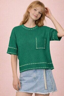 12W-3636N Kelly Green | Stitch Detail Knit Summer Sweater Top | Sizes S-L